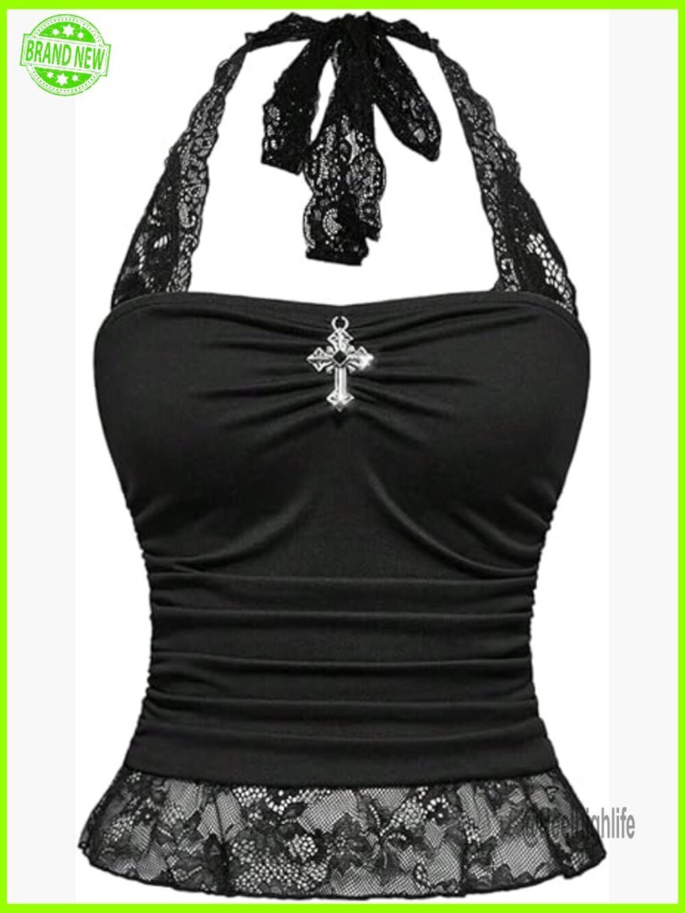 Y2K Goth Halter Crop Top Lace Ruched Tie Backless Club Tank